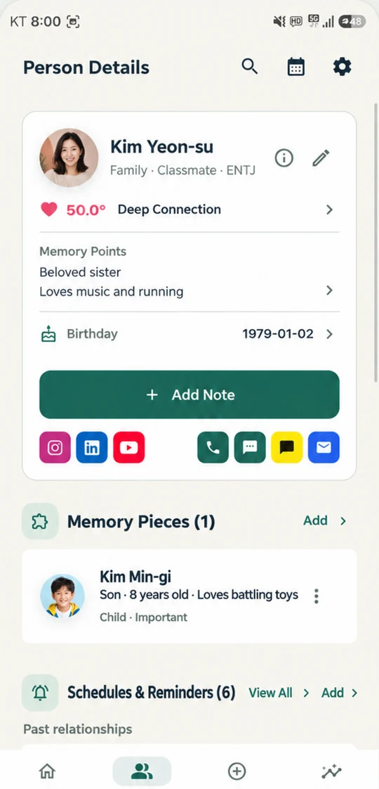 Saram Note person screen in English with a profile, memory points and important dates